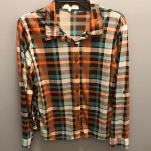 Eden & Olivia - Size PL - plaid knit button down shirt womens roll tab sleeve